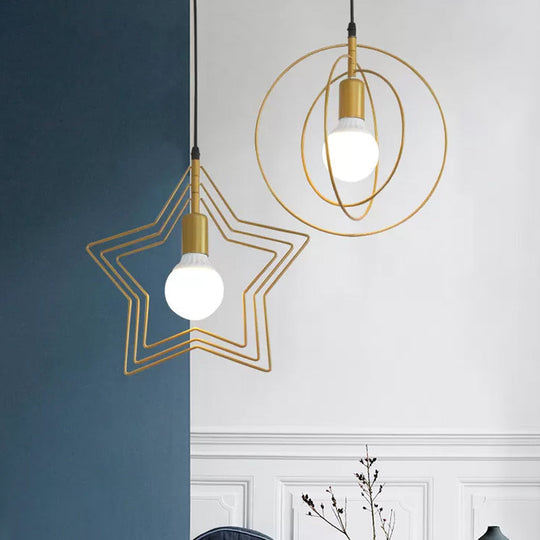 Gold Triple Star Pendant Light With Industrial Single Ceiling Mount