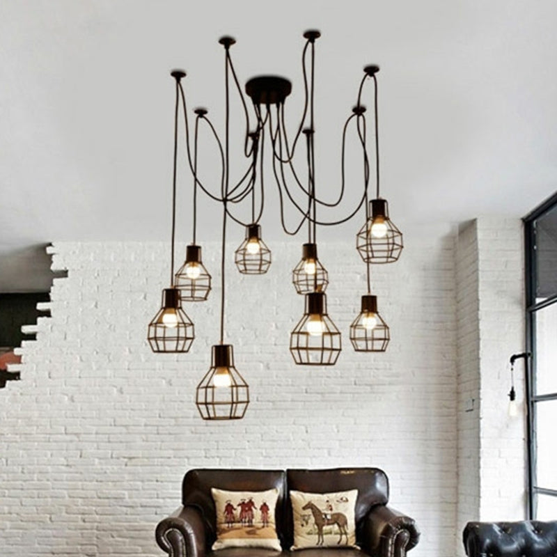 8-Head Black Iron Industrial Pendant Light With Ball Cage Swag Design For Living Room