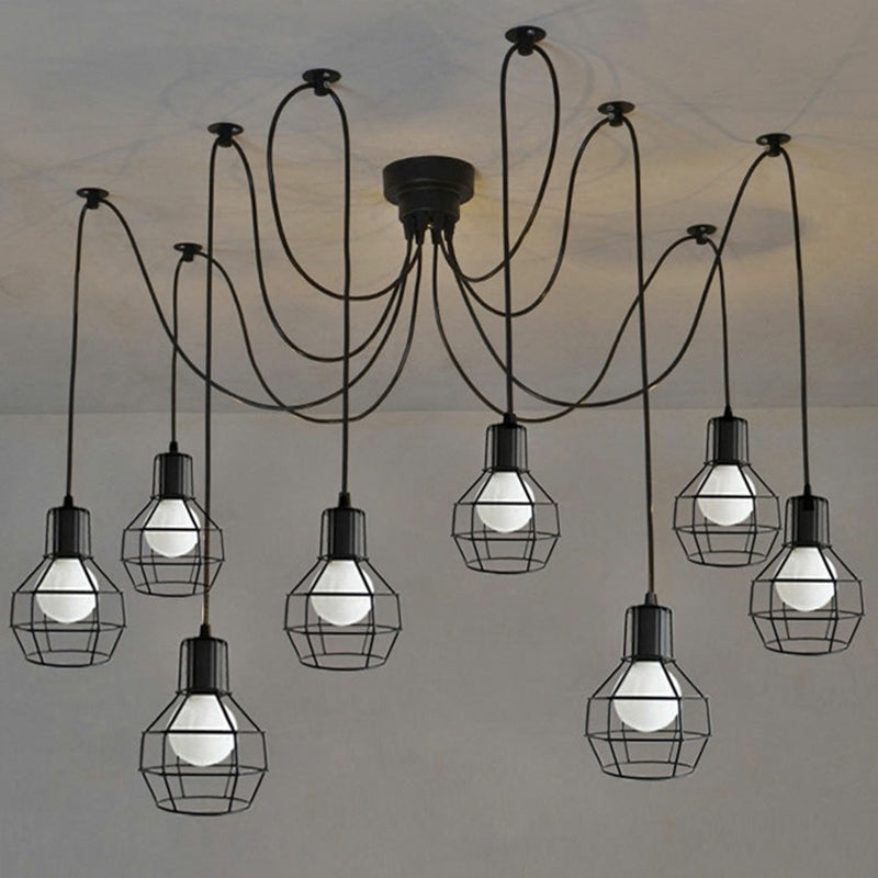8-Head Black Iron Industrial Pendant Light With Ball Cage Swag Design For Living Room