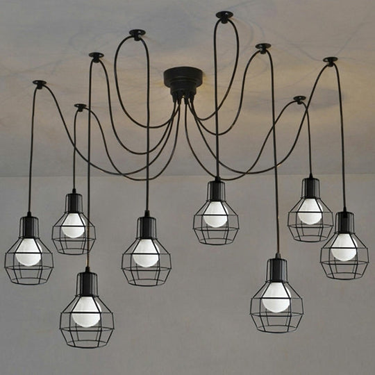 8-Head Black Iron Industrial Pendant Light With Ball Cage Swag Design For Living Room