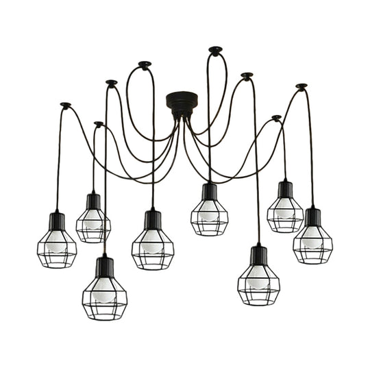 8-Head Black Iron Industrial Pendant Light With Ball Cage Swag Design For Living Room