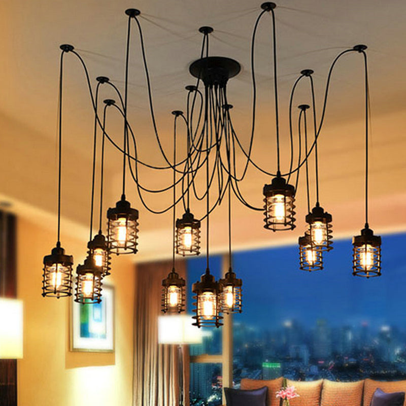 12-Head Swag Pendant Lamp For Farmhouse Bedroom - Multi Light Ceiling Fixture With Black Iron Cage