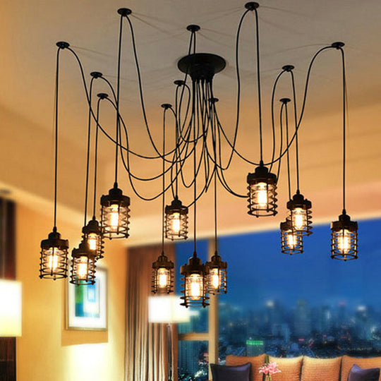 12-Head Swag Pendant Lamp For Farmhouse Bedroom - Multi Light Ceiling Fixture With Black Iron Cage