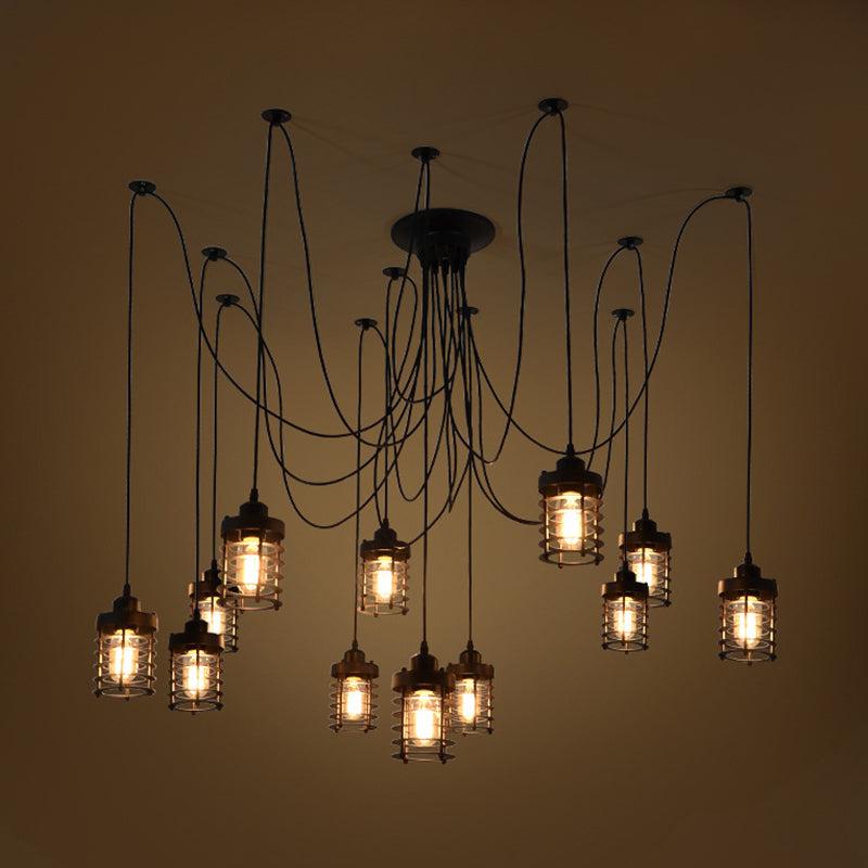 12-Head Swag Pendant Lamp For Farmhouse Bedroom - Multi Light Ceiling Fixture With Black Iron Cage