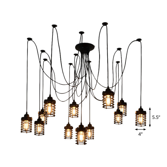 12-Head Swag Pendant Lamp For Farmhouse Bedroom - Multi Light Ceiling Fixture With Black Iron Cage