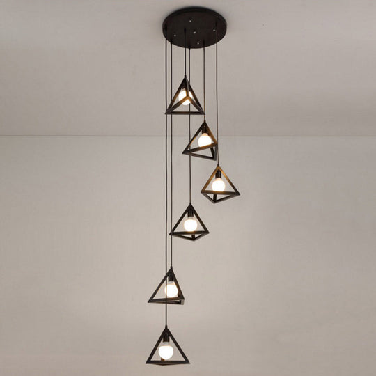 Vintage Triangle Metal Pendant Light - 6-Bulb Cluster Hanging Ceiling In Black
