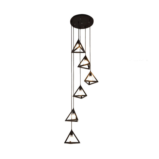 Vintage Triangle Metal Pendant Light - 6-Bulb Cluster Hanging Ceiling In Black