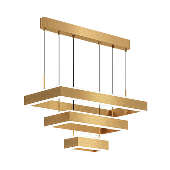 Postmodern Acrylic Gold Finish Led Chandelier - 2/3 Tiers Square/Rectangle Pendant Light For Living