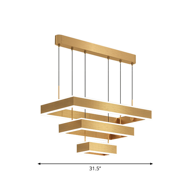Postmodern Acrylic Gold Finish Led Chandelier - 2/3 Tiers Square/Rectangle Pendant Light For Living