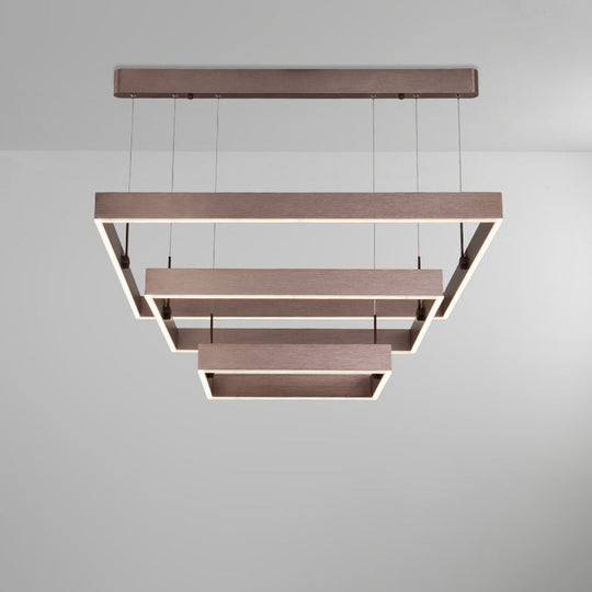 Modernist Led Office Ceiling Chandelier - Layered Square Design Aluminum 3-Light Coffee Finish