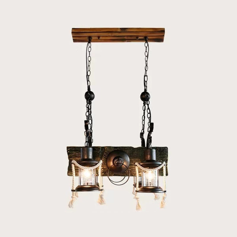 Industrial Clear Glass Chandelier With Wood Accents For Restaurant Ceiling - 4/6 Heads Lantern