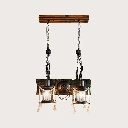 Industrial Clear Glass Chandelier With Wood Accents For Restaurant Ceiling - 4/6 Heads Lantern