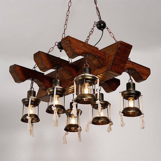 Industrial Clear Glass Chandelier With Wood Accents For Restaurant Ceiling - 4/6 Heads Lantern