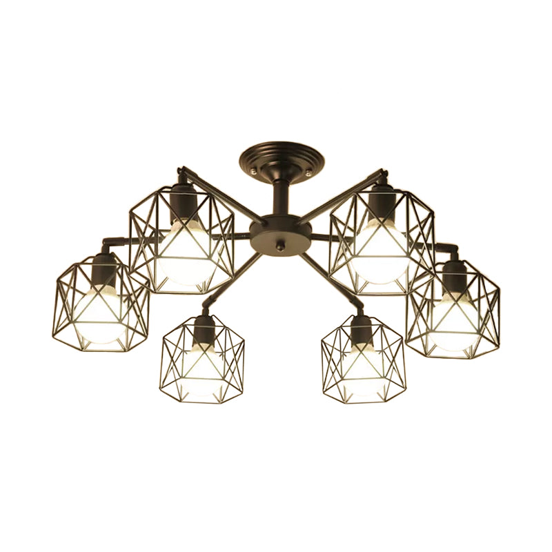 Iron Wire Cage Rotating Ceiling Chandelier - Warehouse Pendant Lamp 4/6/8-Light In Black
