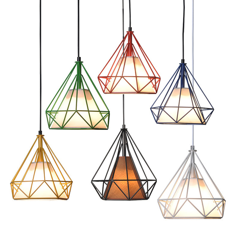 Diamond Loft Ceiling Hang Lamp - 1 Head Iron Pendant Lighting In Black/White/Green With Cone Fabric