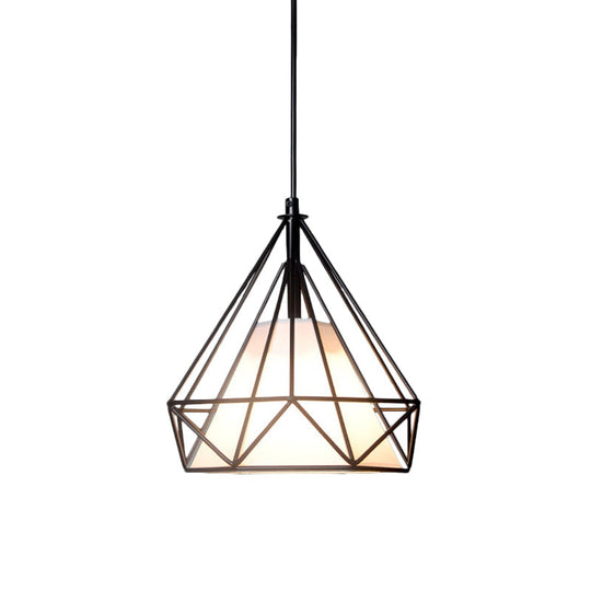 Diamond Loft Ceiling Hang Lamp - 1 Head Iron Pendant Lighting In Black/White/Green With Cone Fabric