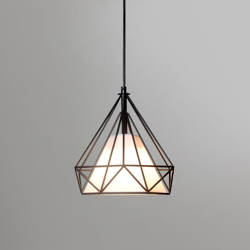 Diamond Loft Ceiling Hang Lamp - 1 Head Iron Pendant Lighting In Black/White/Green With Cone Fabric