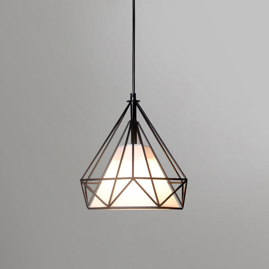 Diamond Loft Ceiling Hang Lamp - 1 Head Iron Pendant Lighting In Black/White/Green With Cone Fabric