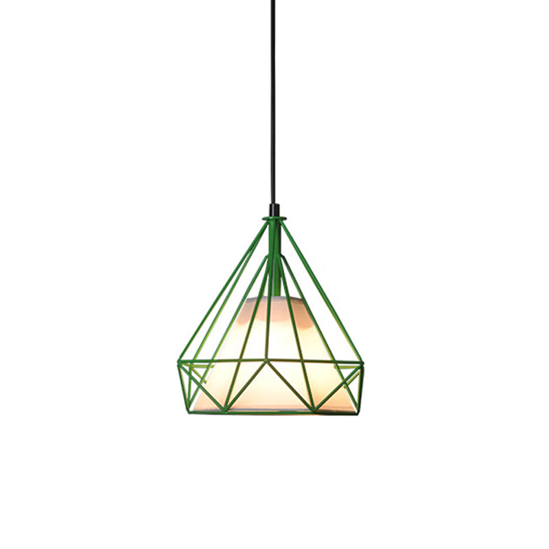 Diamond Loft Ceiling Hang Lamp - 1 Head Iron Pendant Lighting In Black/White/Green With Cone Fabric