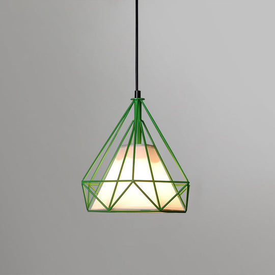 Diamond Loft Ceiling Hang Lamp - 1 Head Iron Pendant Lighting In Black/White/Green With Cone Fabric