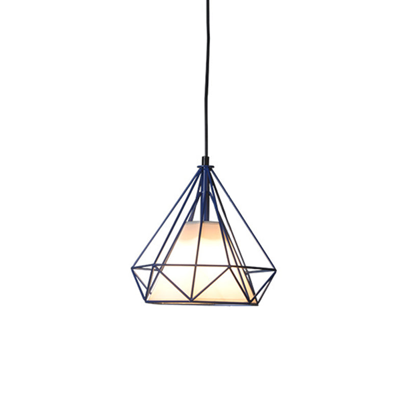 Diamond Loft Ceiling Hang Lamp - 1 Head Iron Pendant Lighting In Black/White/Green With Cone Fabric