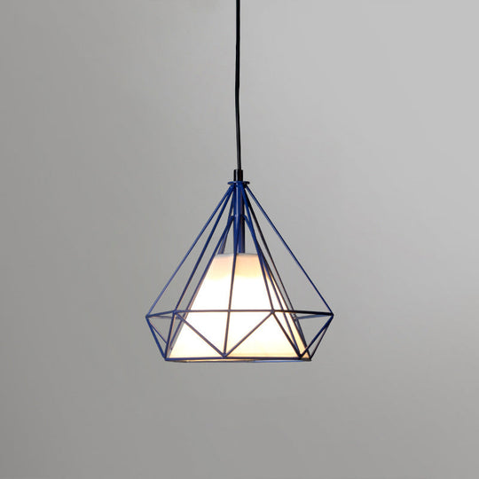 Diamond Loft Ceiling Hang Lamp - 1 Head Iron Pendant Lighting In Black/White/Green With Cone Fabric