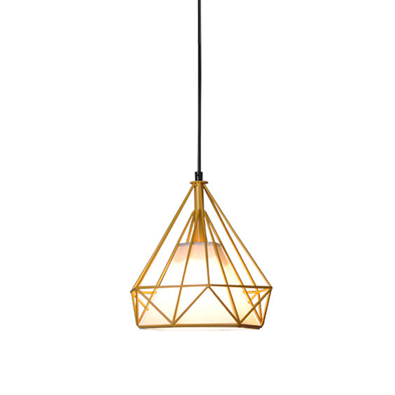 Diamond Loft Ceiling Hang Lamp - 1 Head Iron Pendant Lighting In Black/White/Green With Cone Fabric