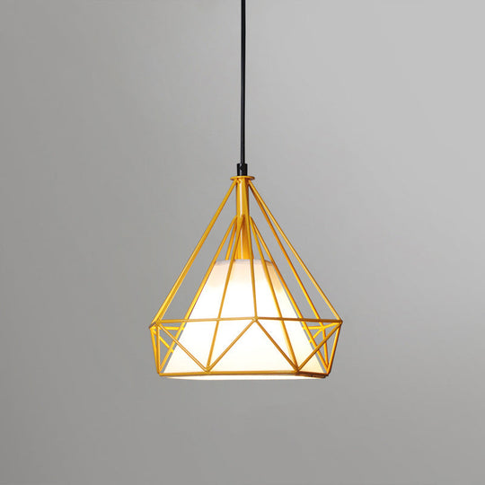 Diamond Loft Ceiling Hang Lamp - 1 Head Iron Pendant Lighting In Black/White/Green With Cone Fabric