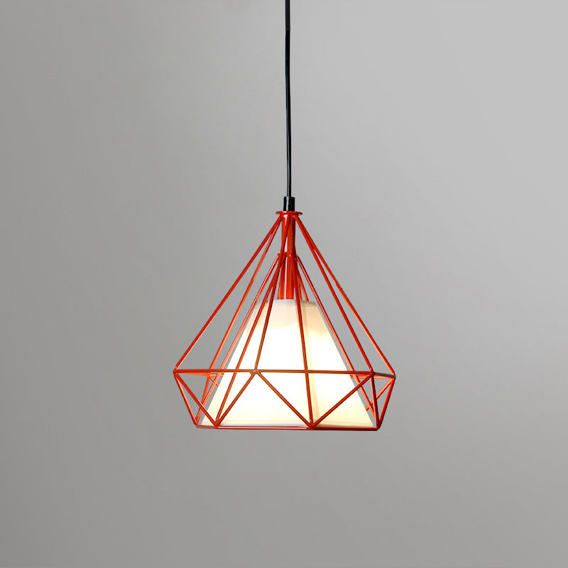 Diamond Loft Ceiling Hang Lamp - 1 Head Iron Pendant Lighting In Black/White/Green With Cone Fabric