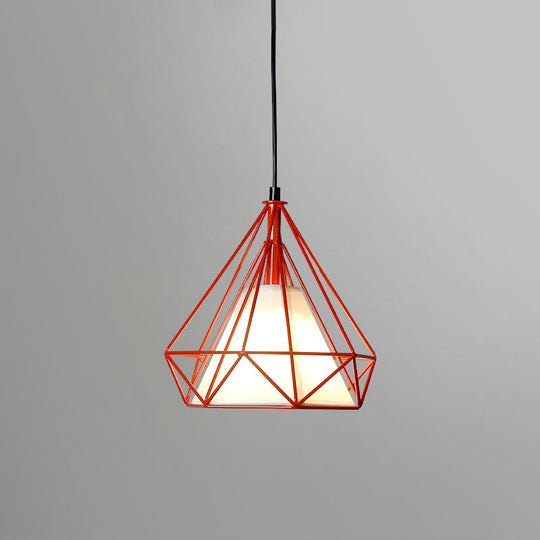 Diamond Loft Ceiling Hang Lamp - 1 Head Iron Pendant Lighting In Black/White/Green With Cone Fabric