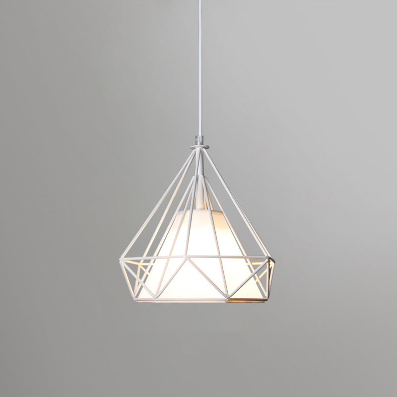 Diamond Loft Ceiling Hang Lamp - 1 Head Iron Pendant Lighting In Black/White/Green With Cone Fabric