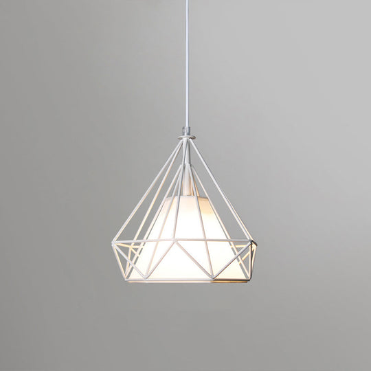 Diamond Loft Ceiling Hang Lamp - 1 Head Iron Pendant Lighting In Black/White/Green With Cone Fabric