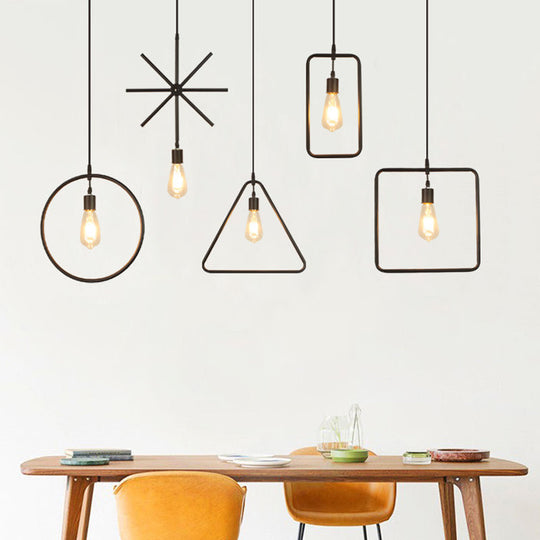 Modern Black Pendant Light Fixture With Iron Flower/Square/Round Frame - Ceiling Lamp Over Table