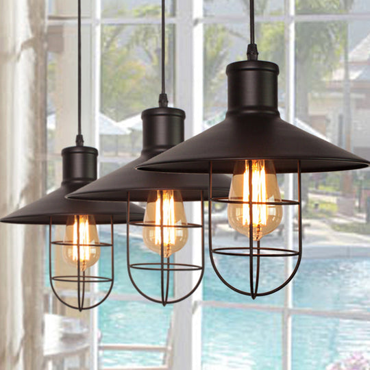 Black Metal Saucer Pendant Lamp With Cage Bottom - Industrial Style 1 Head Hanging Light