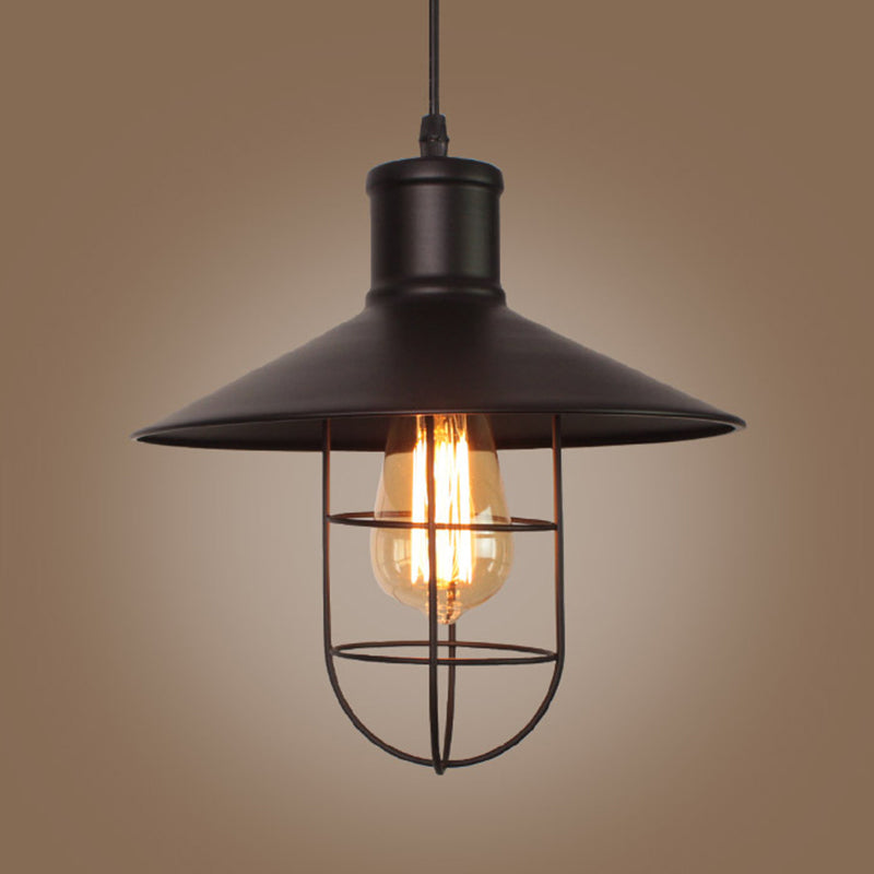 Black Metal Saucer Pendant Lamp With Cage Bottom - Industrial Style 1 Head Hanging Light