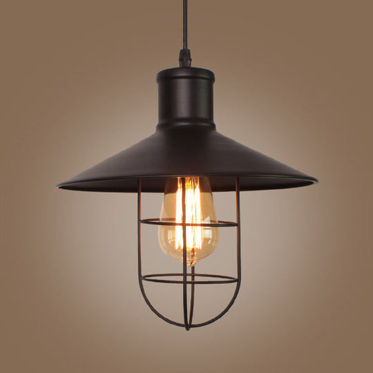 Black Metal Saucer Pendant Lamp With Cage Bottom - Industrial Style 1 Head Hanging Light