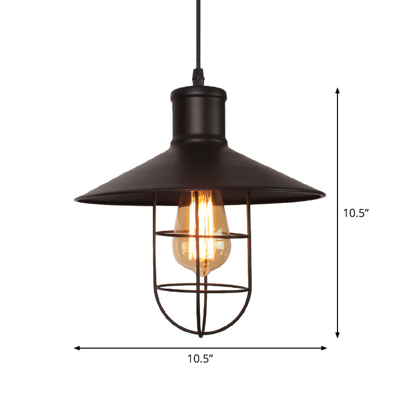 Black Metal Saucer Pendant Lamp With Cage Bottom - Industrial Style 1 Head Hanging Light