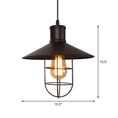 Black Industrial Pendant Lamp - Metal Hanging Light With Cage Bottom