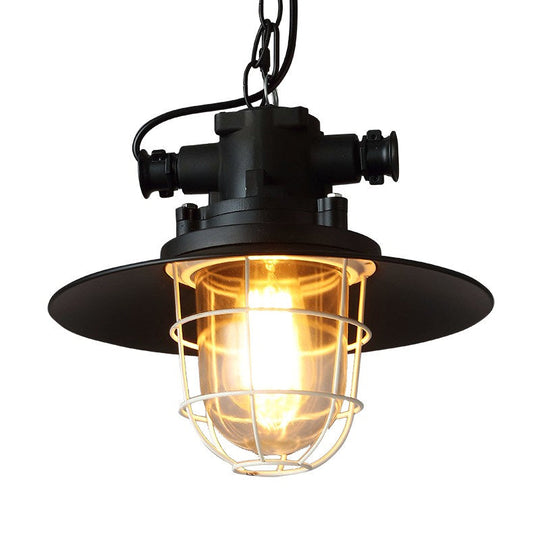 Industrial-Style Black Iron Pendant Lamp For Restaurants: 1-Light Bowl/Cage/Barn Design