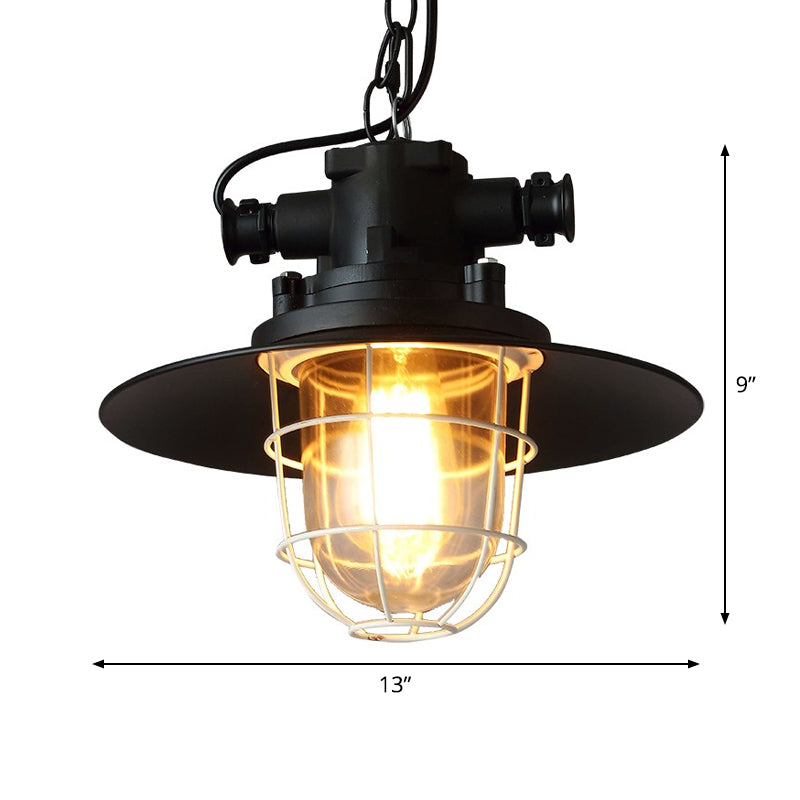 Industrial-Style Black Iron Pendant Lamp For Restaurants: 1-Light Bowl/Cage/Barn Design