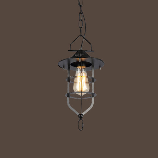Industrial-Style Black Iron Pendant Lamp For Restaurants: 1-Light Bowl/Cage/Barn Design