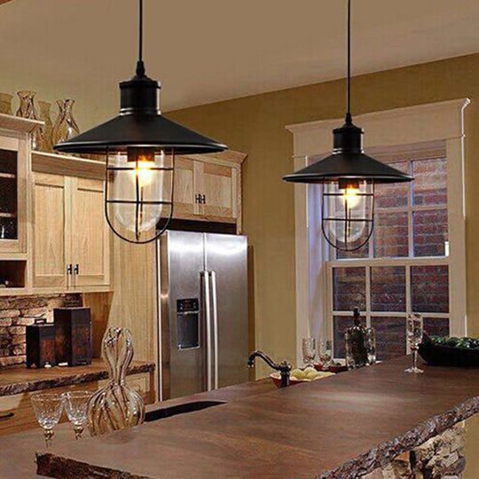 Rustic Iron Saucer Dining Room Pendulum Light - Black Pendant Lamp With 2 Extra Shade Guards