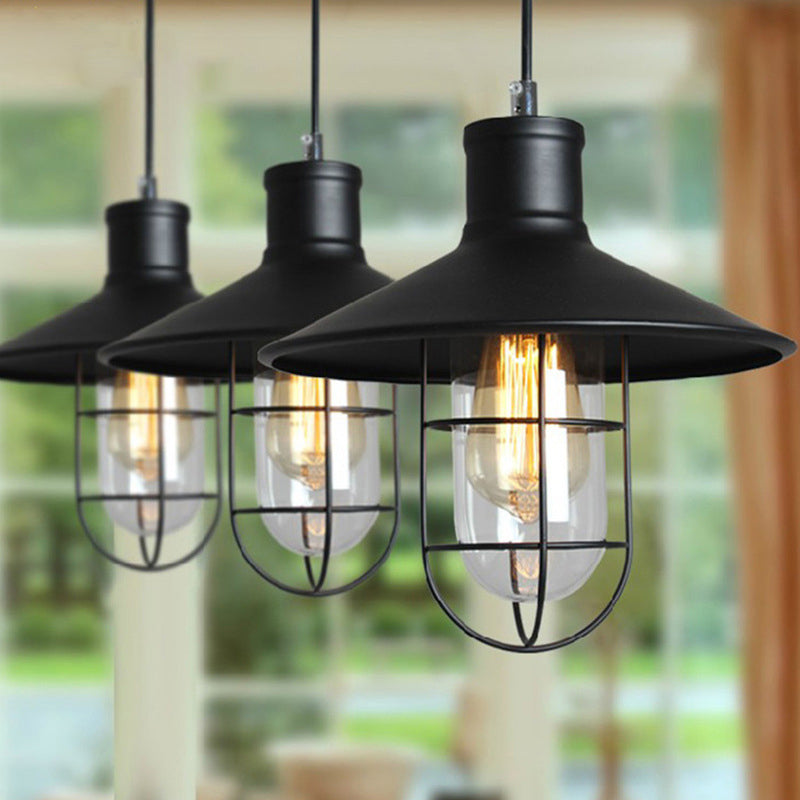 Rustic Iron Saucer Dining Room Pendulum Light - Black Pendant Lamp With 2 Extra Shade Guards