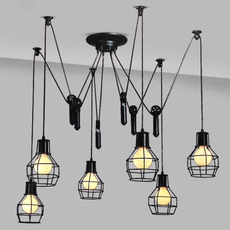 Industrial Black Iron Swag Pendant Lighting With 6 Caged Lights And Pulley
