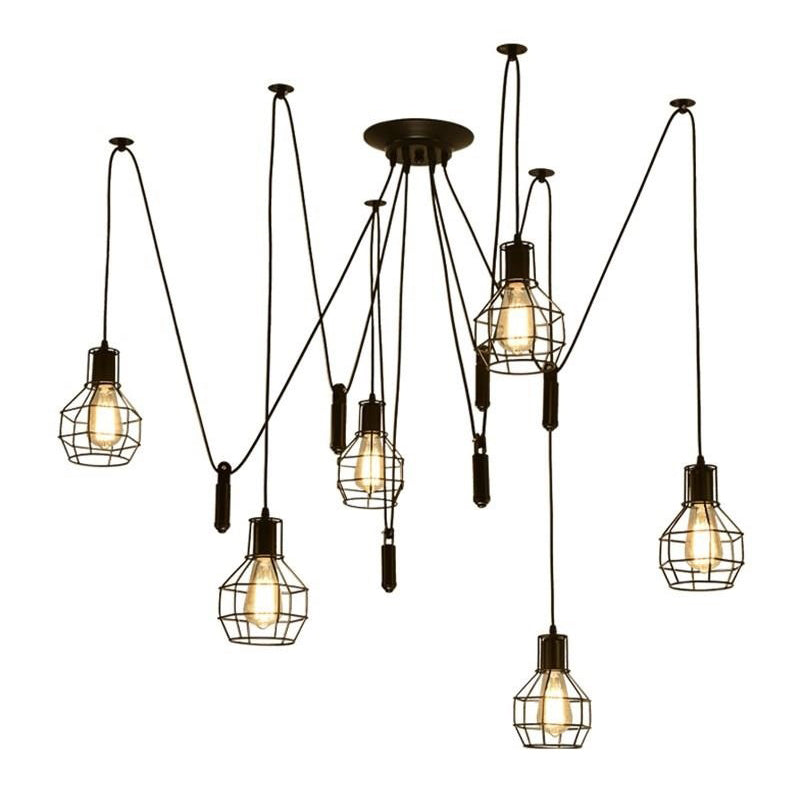 Industrial Black Iron Swag Pendant Lighting With 6 Caged Lights And Pulley