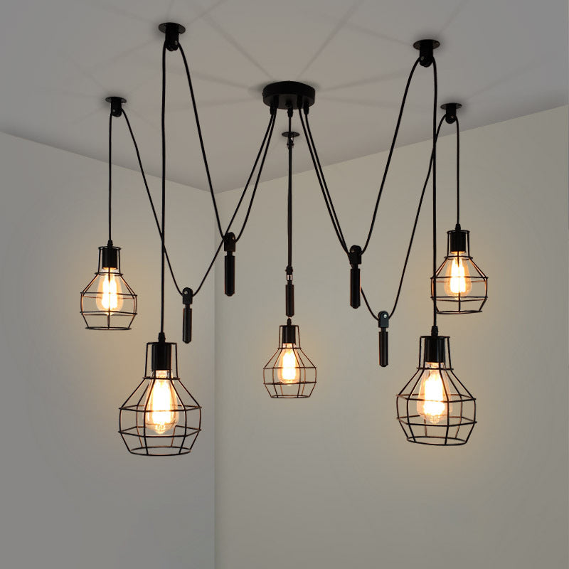 Rustic Iron 5-Light Black Pulley Swag Pendant - Ball-Shape Multi Ceiling Light For Restaurants