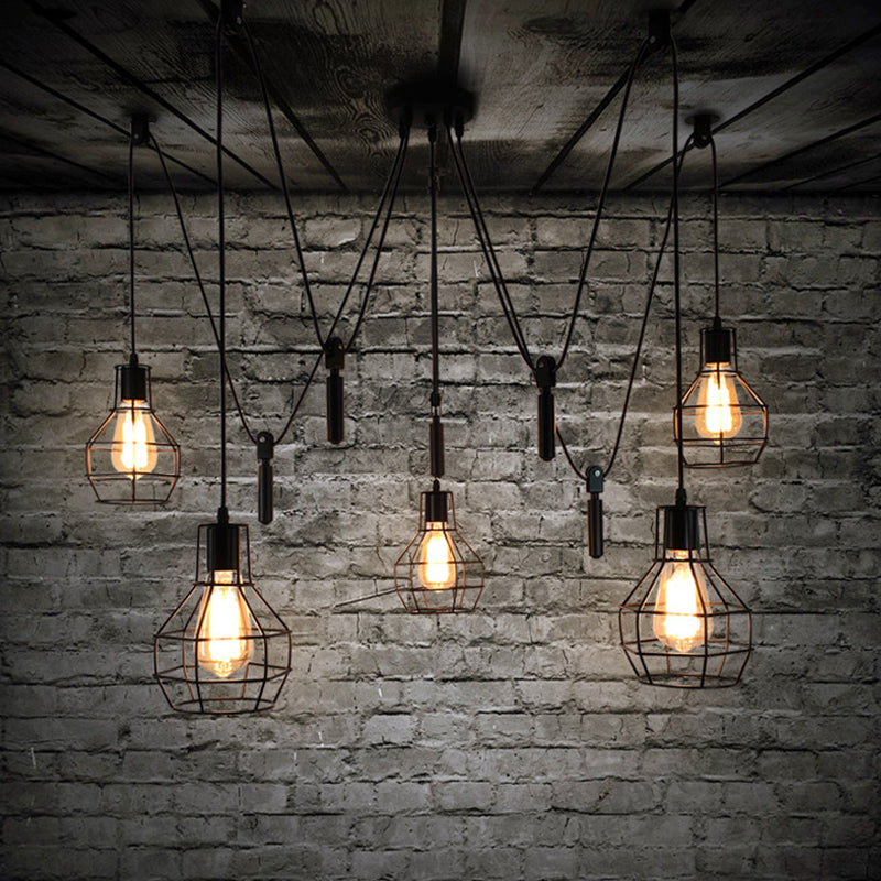 Rustic Iron 5-Light Black Pulley Swag Pendant - Ball-Shape Multi Ceiling Light For Restaurants
