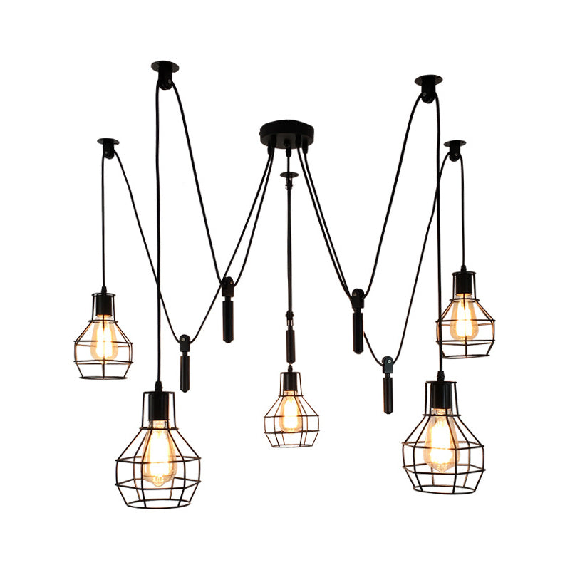 Rustic Iron 5-Light Black Pulley Swag Pendant - Ball-Shape Multi Ceiling Light For Restaurants