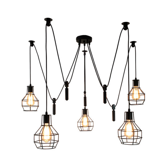 Rustic Iron 5-Light Black Pulley Swag Pendant - Ball-Shape Multi Ceiling Light For Restaurants