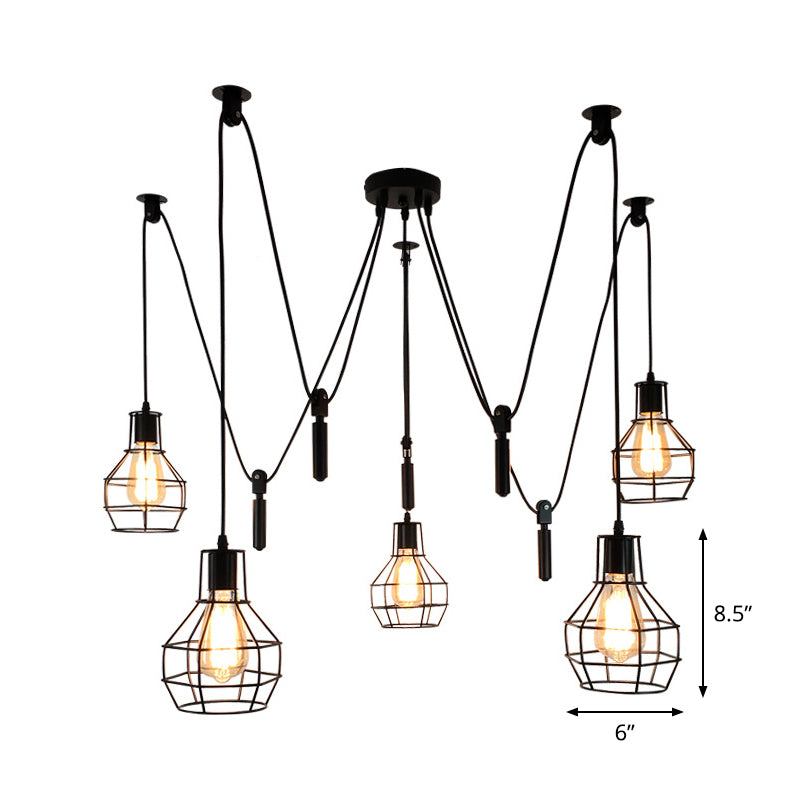 Rustic Iron 5-Light Black Pulley Swag Pendant - Ball-Shape Multi Ceiling Light For Restaurants